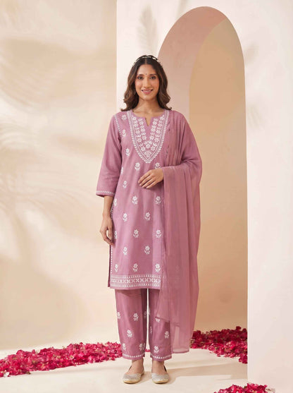 Miravan Womens Chikankari Embroidery Pink Straight Kurta And Palazzo With Dupatta Set