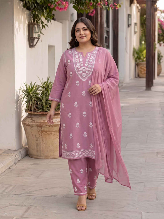 Miravan  Womens Plus Size Chikankari Embroidery Pink Straight Kurta And Palazzo With Dupatta Set