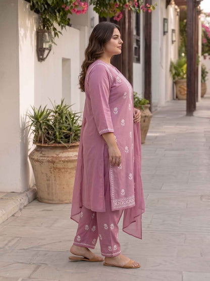 Miravan  Womens Plus Size Chikankari Embroidery Pink Straight Kurta And Palazzo With Dupatta Set