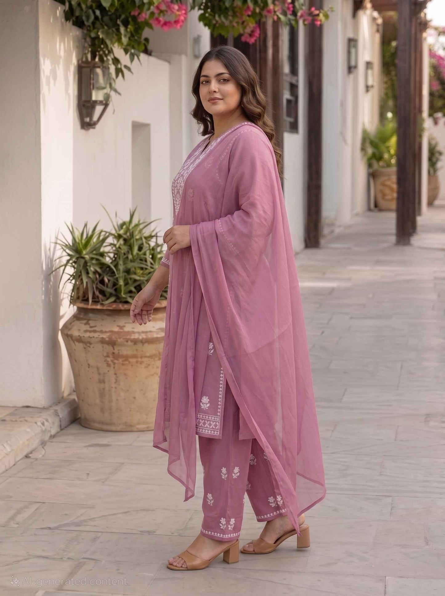 Miravan  Womens Plus Size Chikankari Embroidery Pink Straight Kurta And Palazzo With Dupatta Set