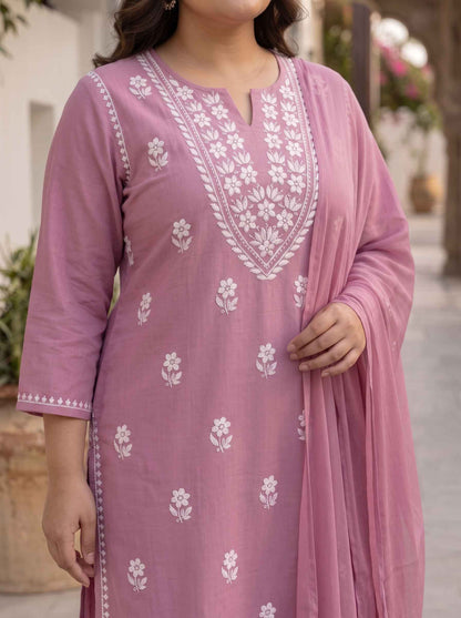Miravan  Womens Plus Size Chikankari Embroidery Pink Straight Kurta And Palazzo With Dupatta Set