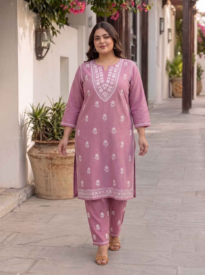 Miravan Womens Plus Size Chikankari Embroidery Pink Straight Kurta And Palazzo Set.