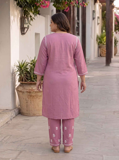 Miravan Womens Plus Size Chikankari Embroidery Pink Straight Kurta And Palazzo Set.