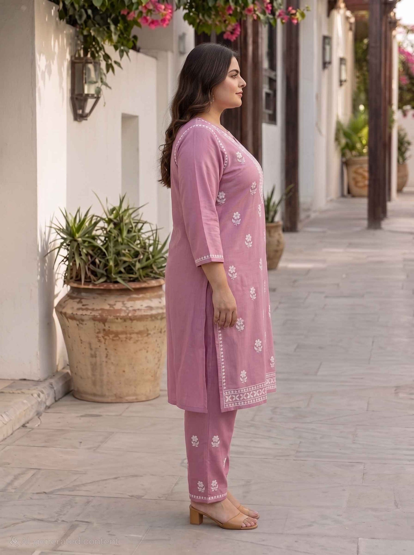 Miravan Womens Plus Size Chikankari Embroidery Pink Straight Kurta And Palazzo Set.
