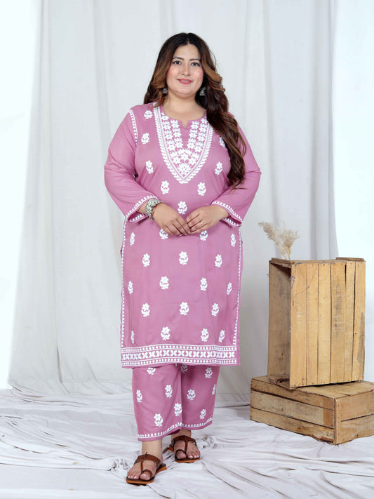Miravan Womens Plus Size Chikankari Embroidery Pink Straight Kurta And Palazzo Set
