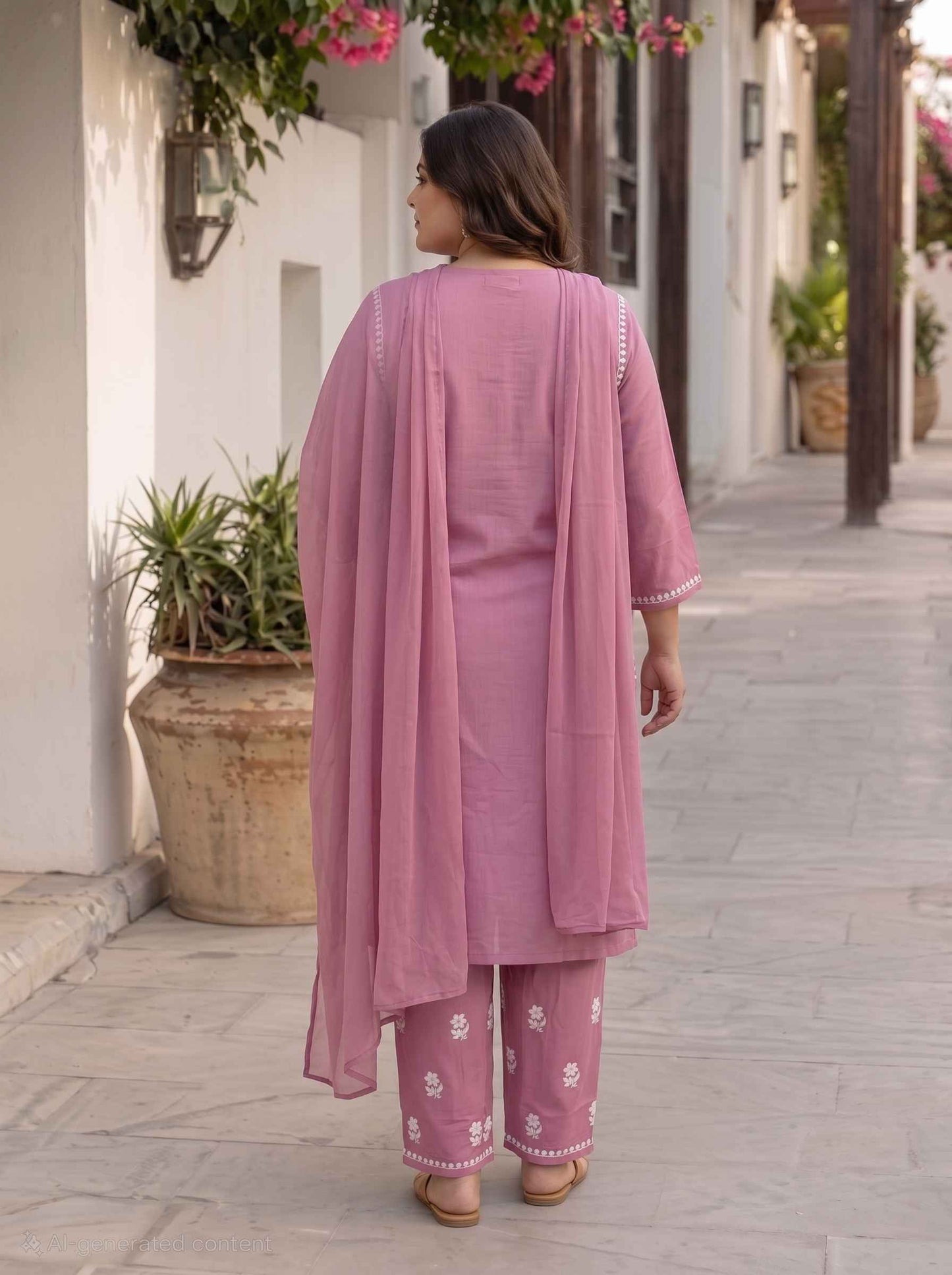 Miravan  Womens Plus Size Chikankari Embroidery Pink Straight Kurta And Palazzo With Dupatta Set