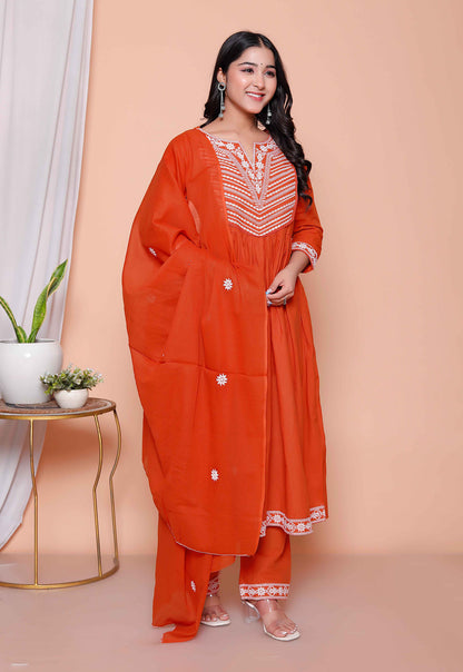 Miravan Womens Floral Embroidered Rust Straight Cotton Kurta & Palazzo with Dupatta Set