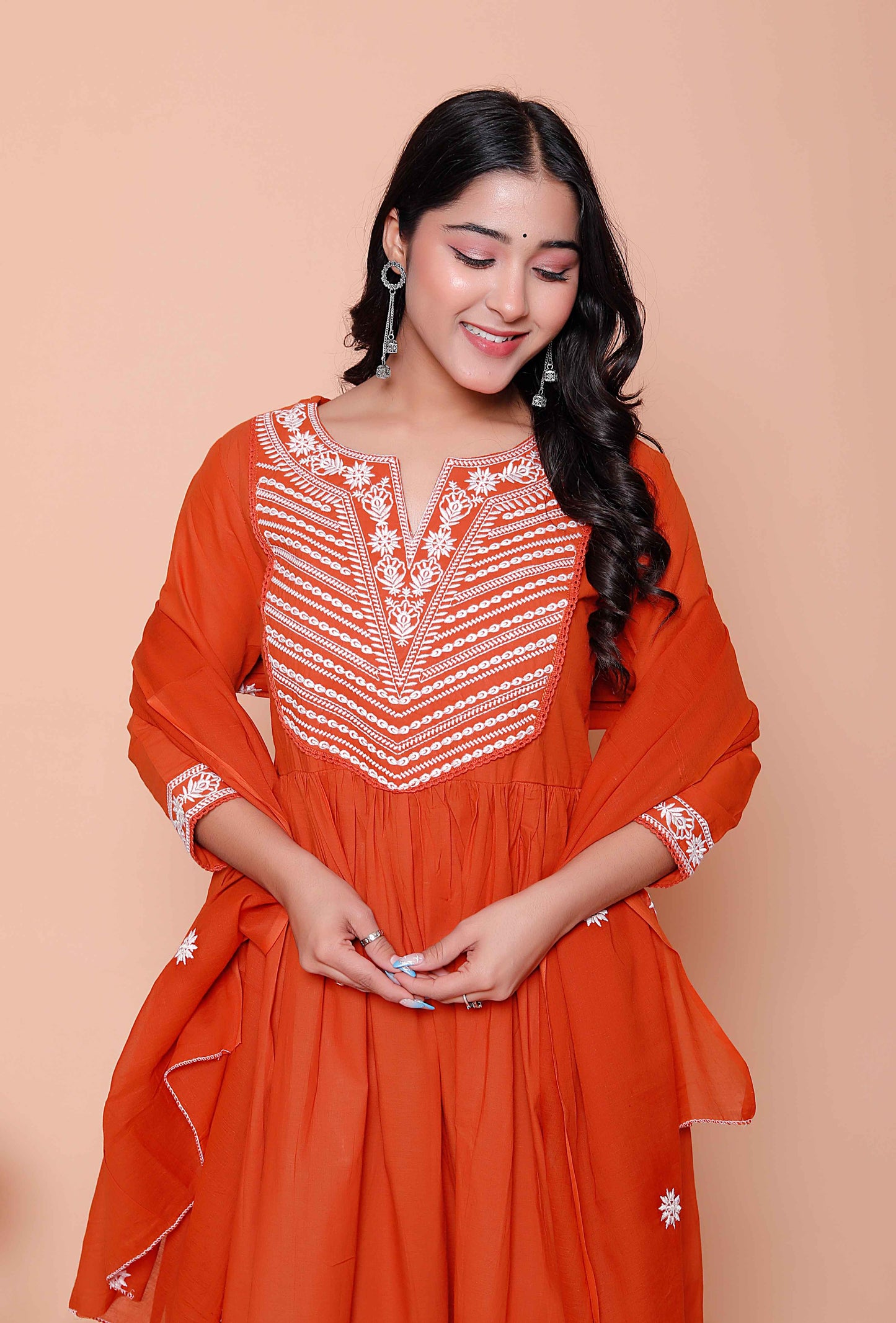 Miravan Womens Floral Embroidered Rust Straight Cotton Kurta & Palazzo with Dupatta Set