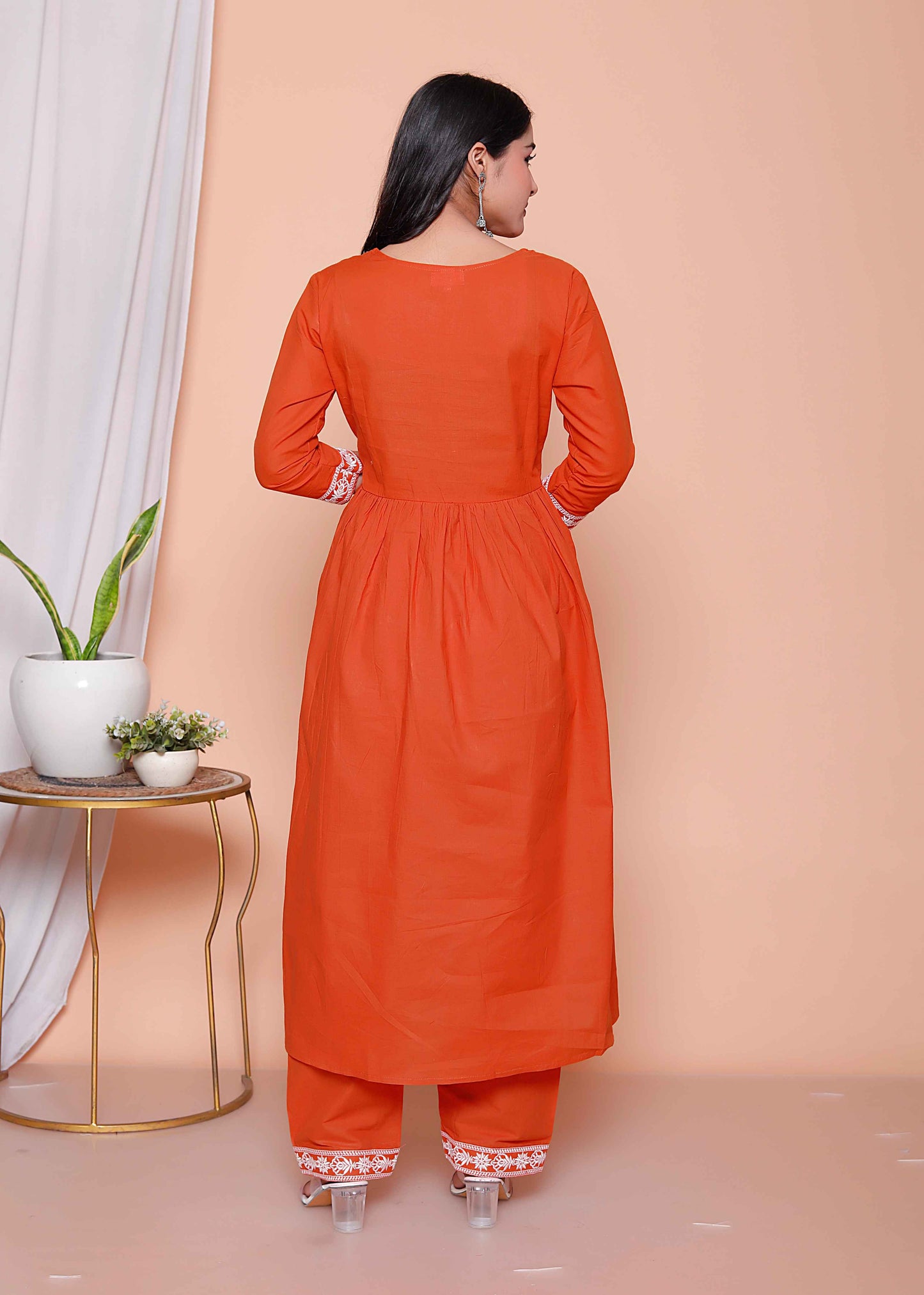 Miravan Womens Floral Embroidered Rust Straight Cotton Kurta & Palazzo with Dupatta Set