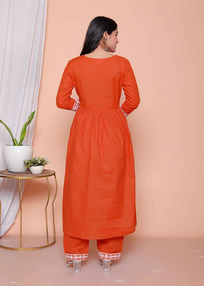 Miravan Womens Floral Embroidered Rust Straight Cotton Kurta & Palazzo with Dupatta Set