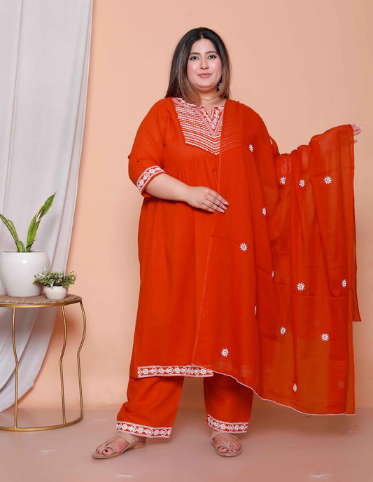 Miravan Womens plus size Floral Embroidered Rust Straight Cotton Kurta & Palazzo with Dupatta Set
