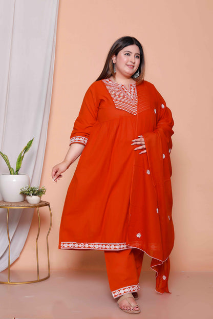 Miravan Womens plus size Floral Embroidered Rust Straight Cotton Kurta & Palazzo with Dupatta Set