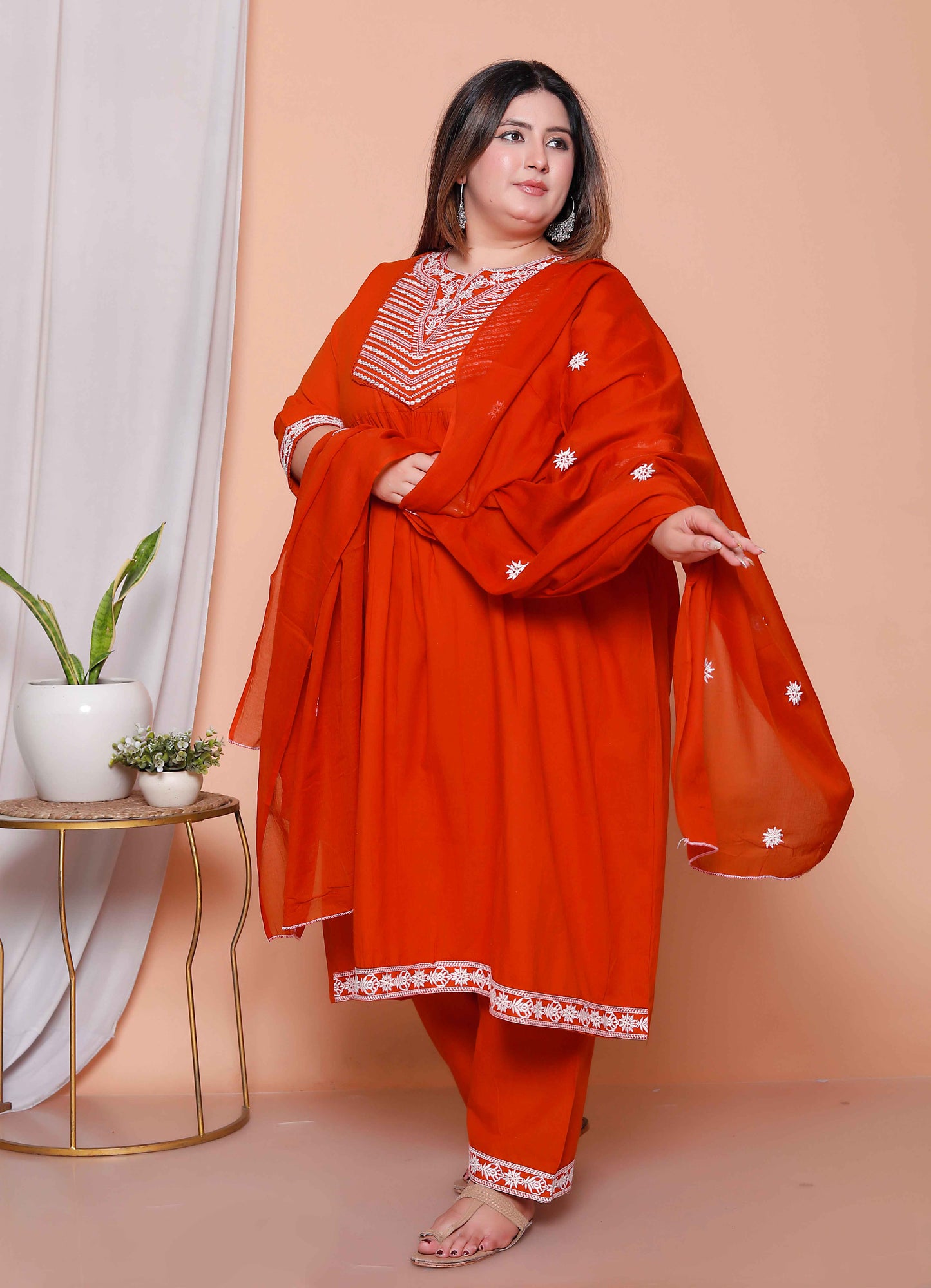 Miravan Womens plus size Floral Embroidered Rust Straight Cotton Kurta & Palazzo with Dupatta Set