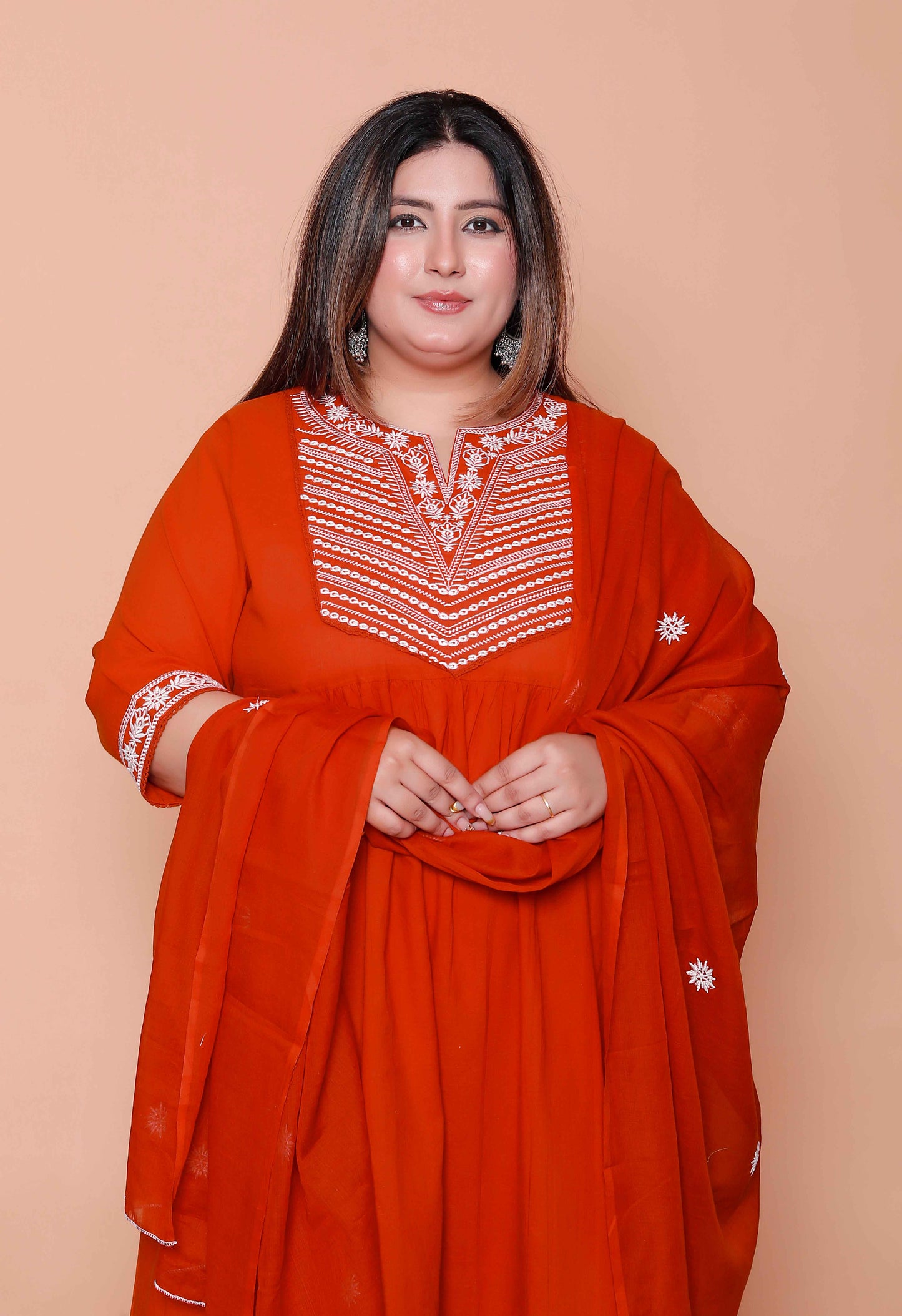 Miravan Womens plus size Floral Embroidered Rust Straight Cotton Kurta & Palazzo with Dupatta Set
