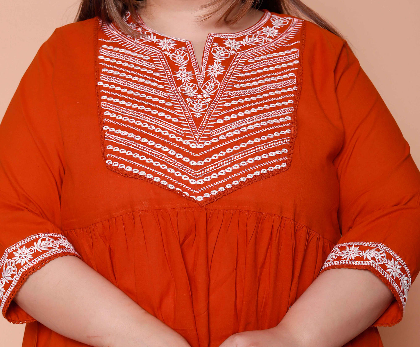 Miravan Womens plus size Floral Embroidered Rust Straight Cotton Kurta & Palazzo with Dupatta Set