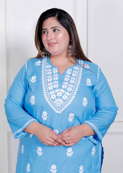 Miravan Womens plus size Blue Embroidered Kurta with palazzo