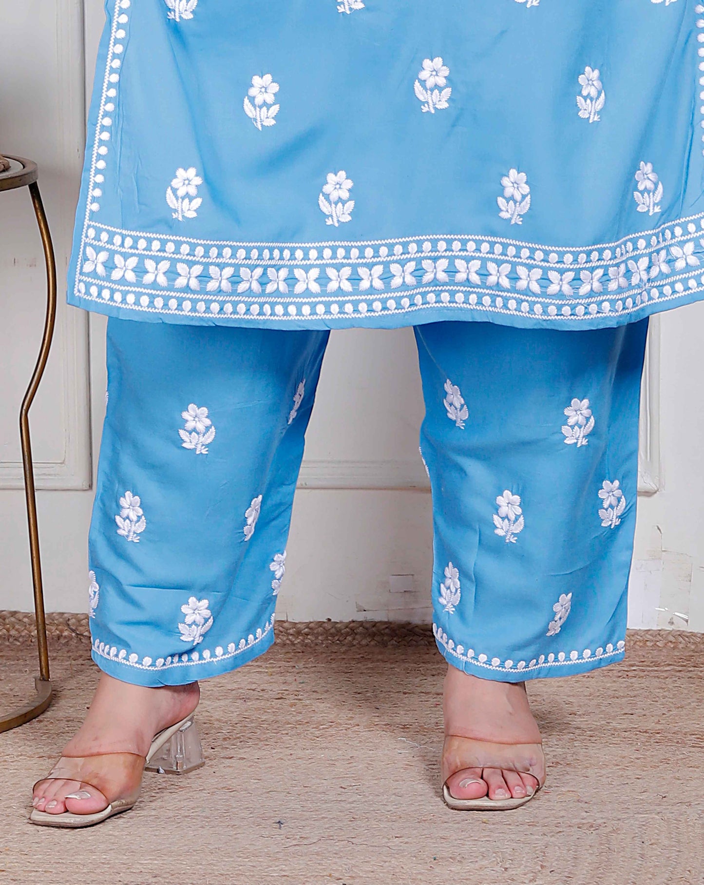 Miravan Womens plus size Blue Embroidered Kurta with palazzo