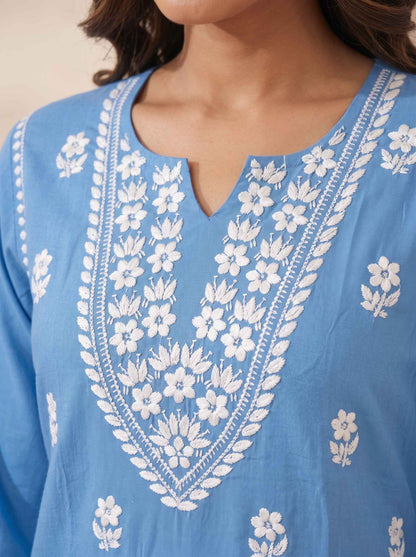Miravan Womens Blue Embroidered Kurta with palazzo