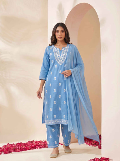 Miravan Womens Blue Embroidered Kurta with palazzo & Dupatta Set