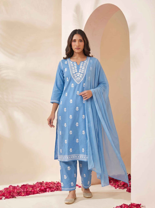 Miravan Womens Blue Embroidered Kurta with palazzo & Dupatta Set