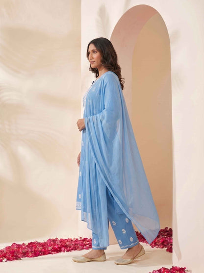 Miravan Womens Blue Embroidered Kurta with palazzo & Dupatta Set