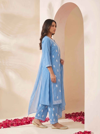 Miravan Womens Blue Embroidered Kurta with palazzo & Dupatta Set
