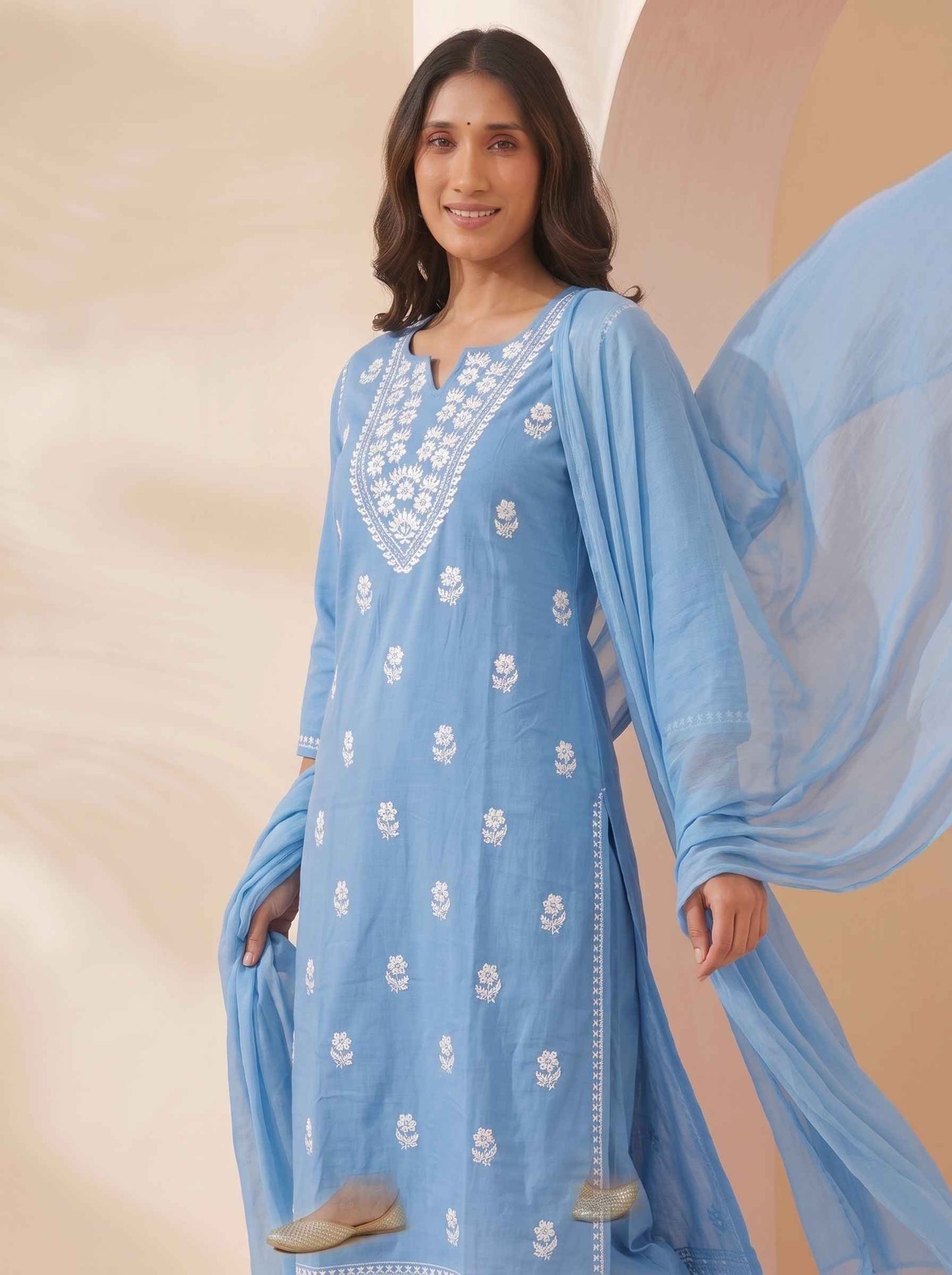 Miravan Womens Blue Embroidered Kurta with palazzo & Dupatta Set