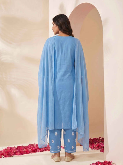Miravan Womens Blue Embroidered Kurta with palazzo & Dupatta Set