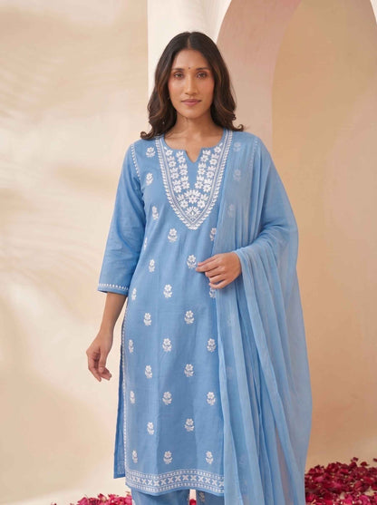 Miravan Womens Blue Embroidered Kurta with palazzo & Dupatta Set