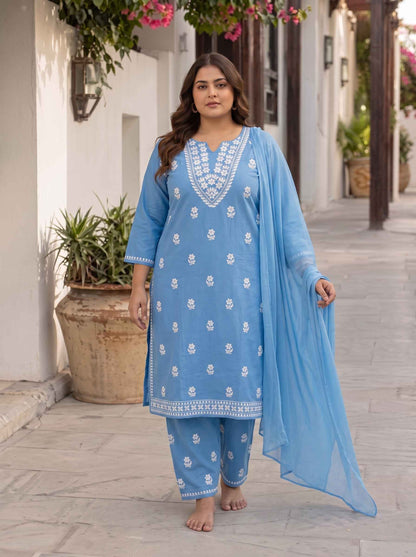 Miravan  Womens plus size Blue Embroidered Kurta with palazzo and Dupatta Suit Set