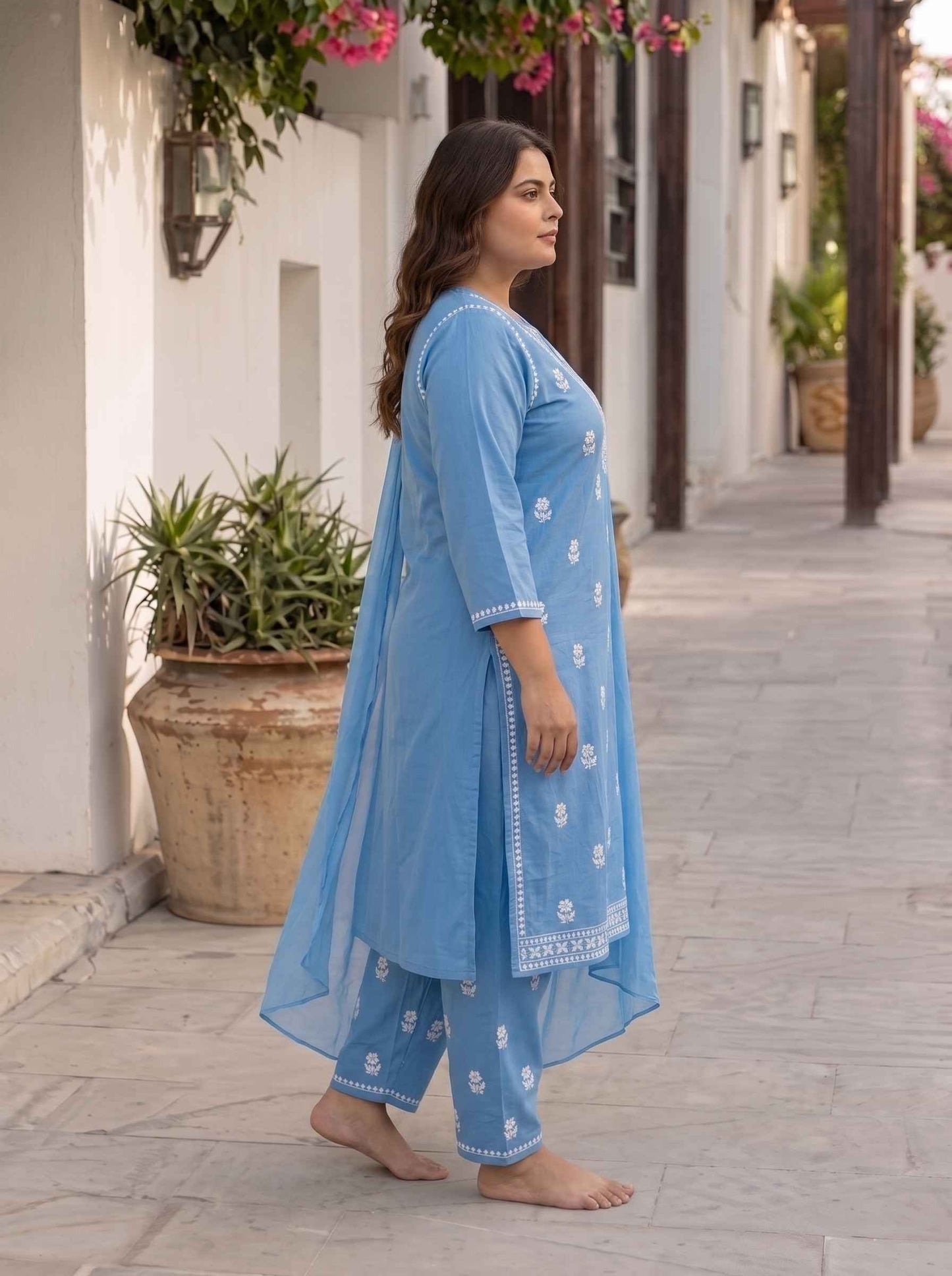 Miravan  Womens plus size Blue Embroidered Kurta with palazzo and Dupatta Suit Set