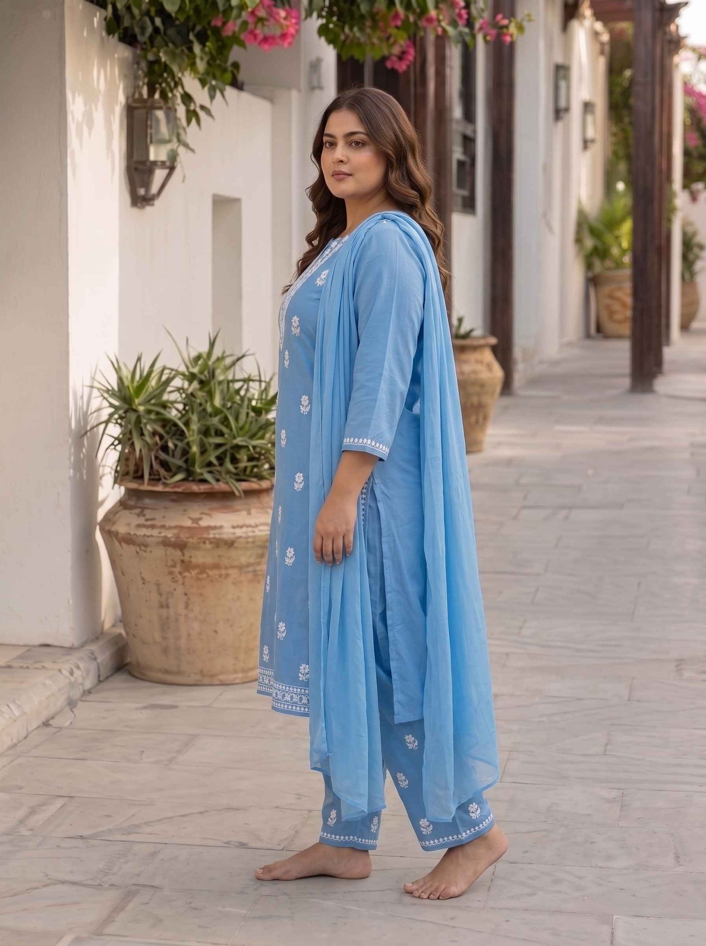 Miravan  Womens plus size Blue Embroidered Kurta with palazzo and Dupatta Suit Set