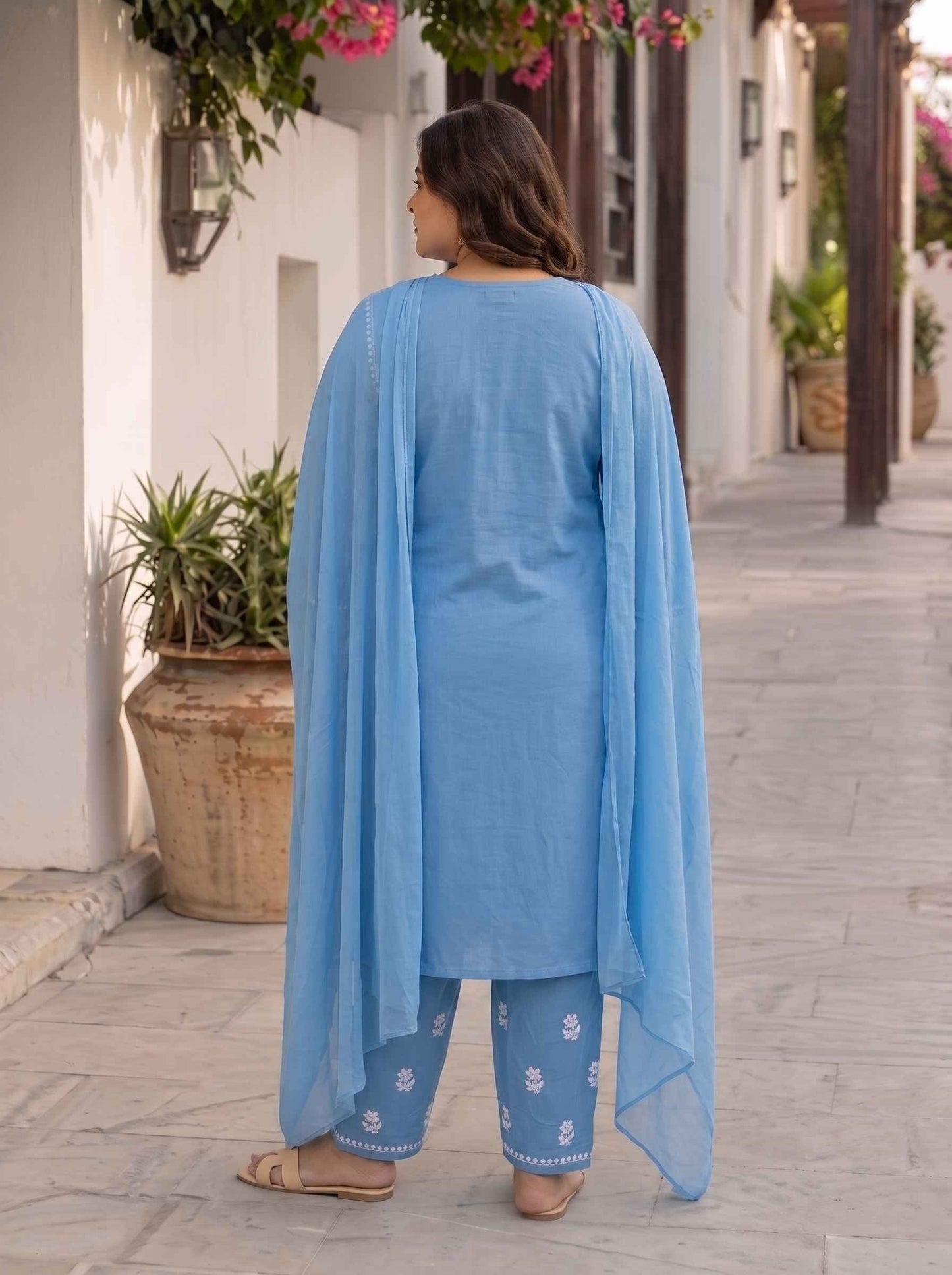 Miravan  Womens plus size Blue Embroidered Kurta with palazzo and Dupatta Suit Set