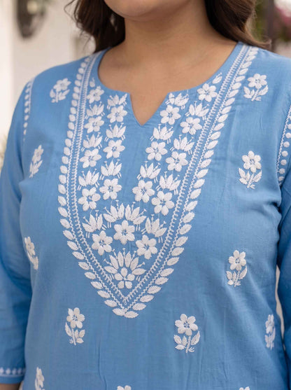 Miravan  Womens plus size Blue Embroidered Kurta with palazzo and Dupatta Suit Set