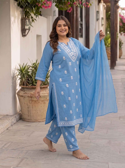 Miravan  Womens plus size Blue Embroidered Kurta with palazzo and Dupatta Suit Set