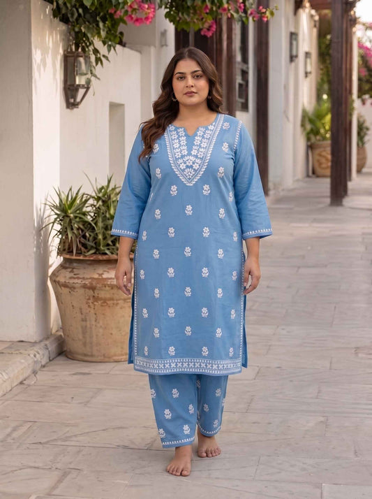 Miravan Womens plus size Blue Embroidered Kurta with palazzo.