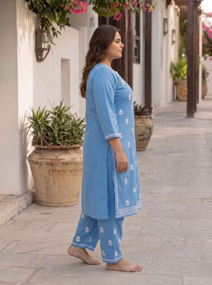 Miravan Womens plus size Blue Embroidered Kurta with palazzo.