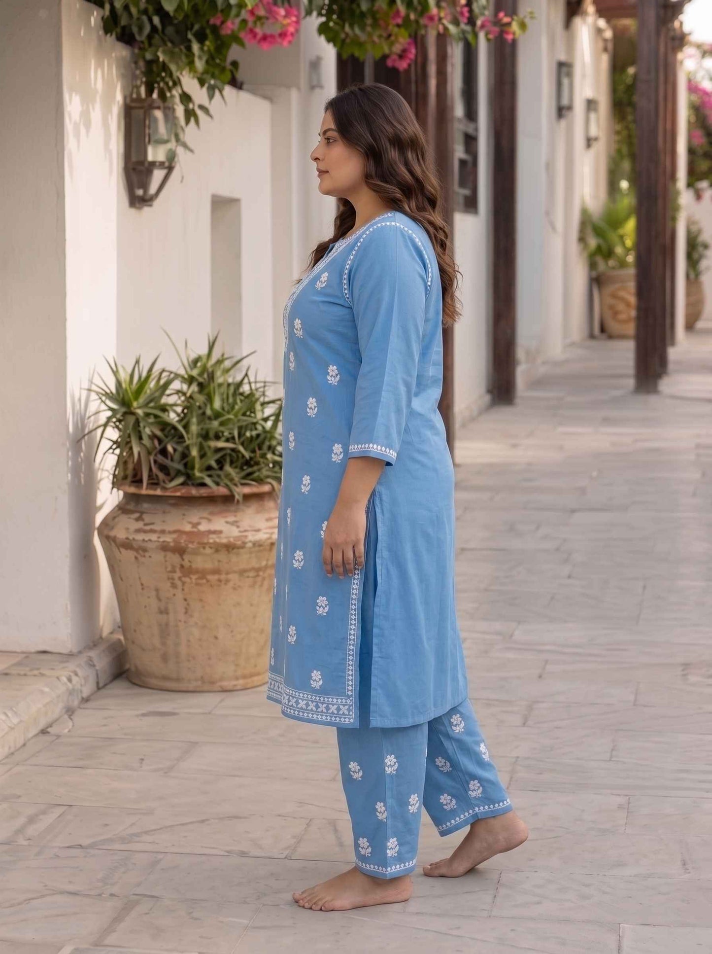 Miravan Womens plus size Blue Embroidered Kurta with palazzo.
