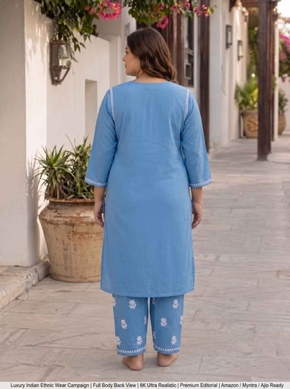 Miravan Womens plus size Blue Embroidered Kurta with palazzo.