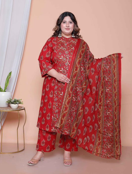 Miravan Women Floral Print Cotton Maroon Stitched Kurta Palazzo With Dupatta Set