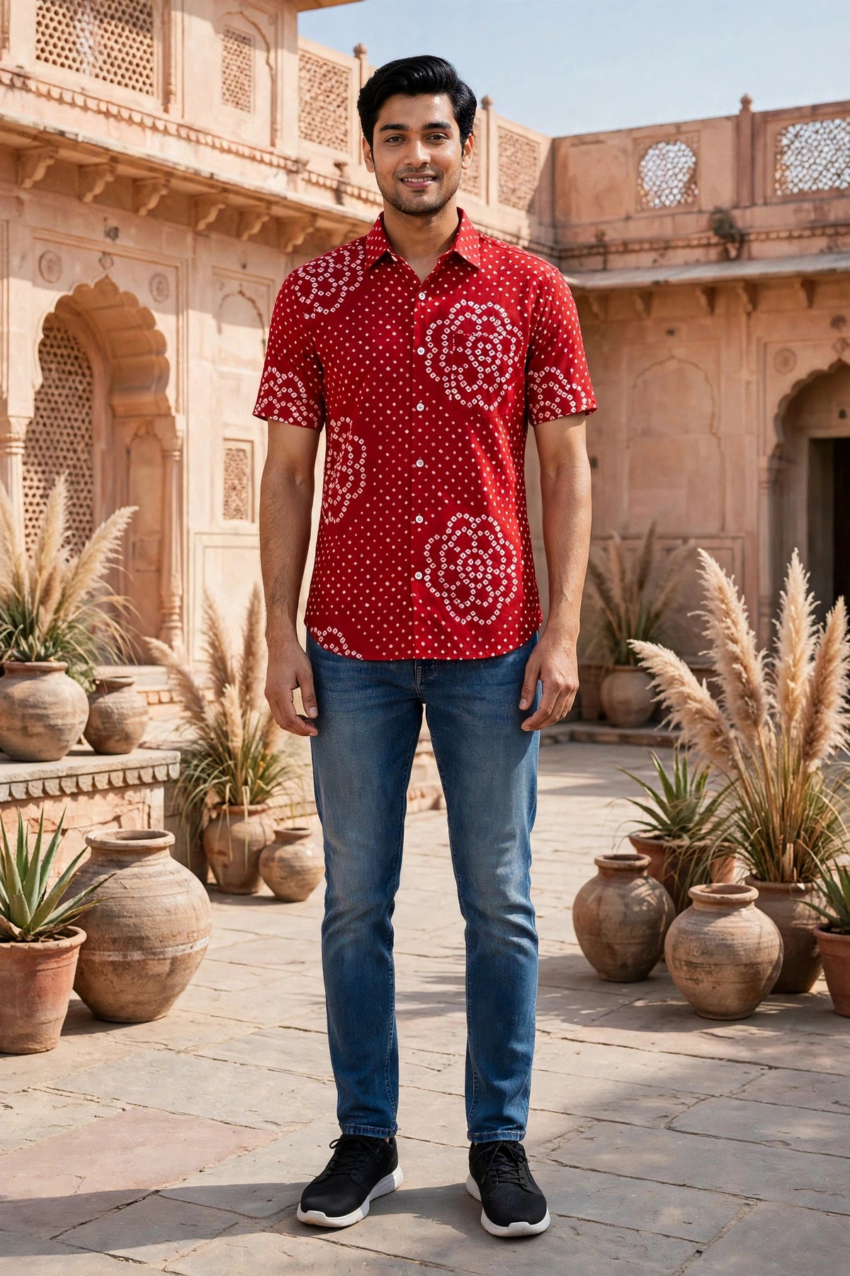 Miravan Men Red Bandhani Cotton  Half  Sleeve Shirt