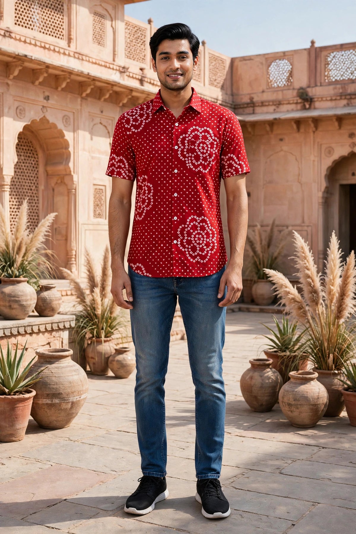 Miravan Men Red Bandhani Cotton  Half  Sleeve Shirt