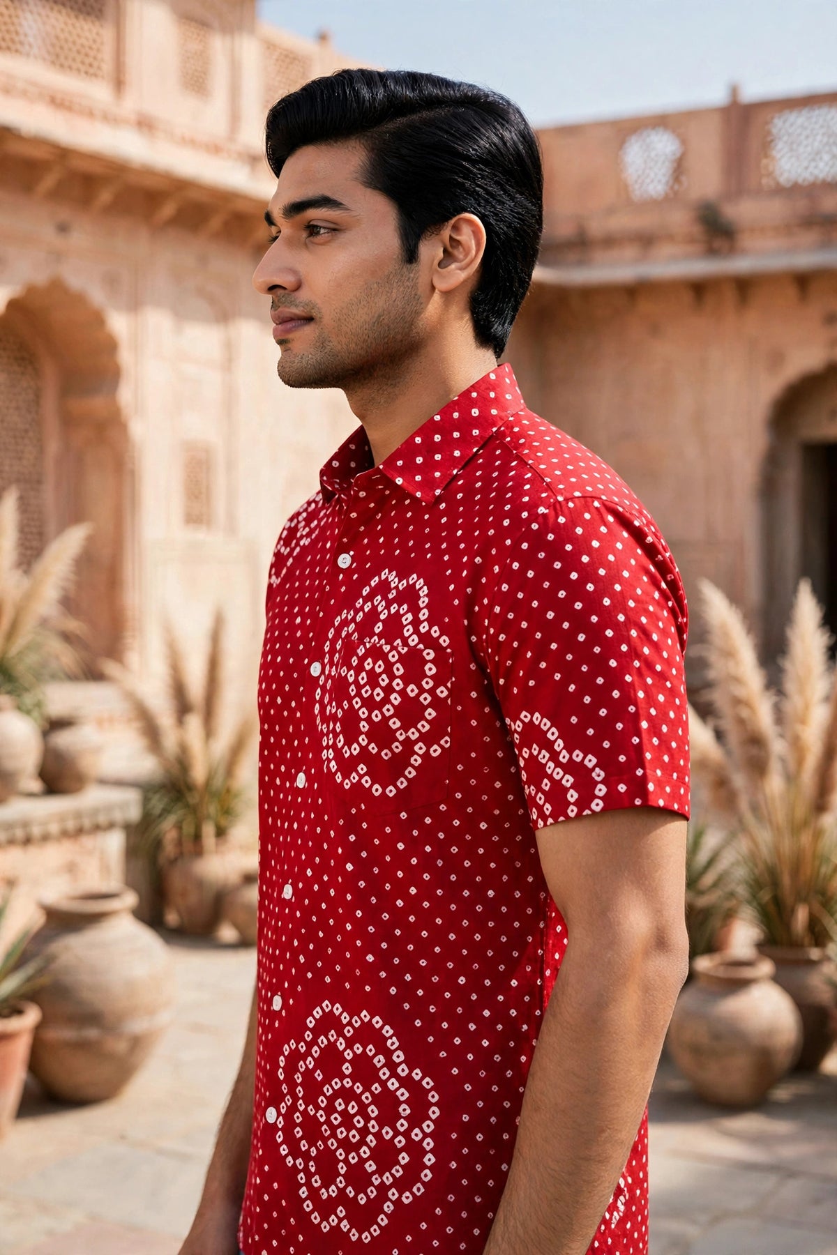 Miravan Men Red Bandhani Cotton  Half  Sleeve Shirt