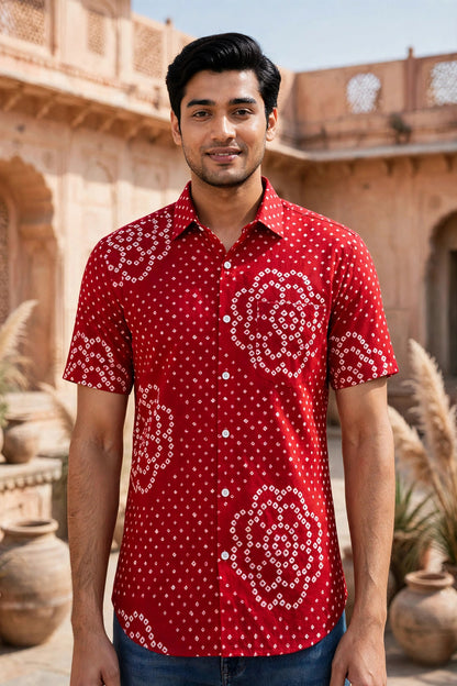 Miravan Men Red Bandhani Cotton  Half  Sleeve Shirt