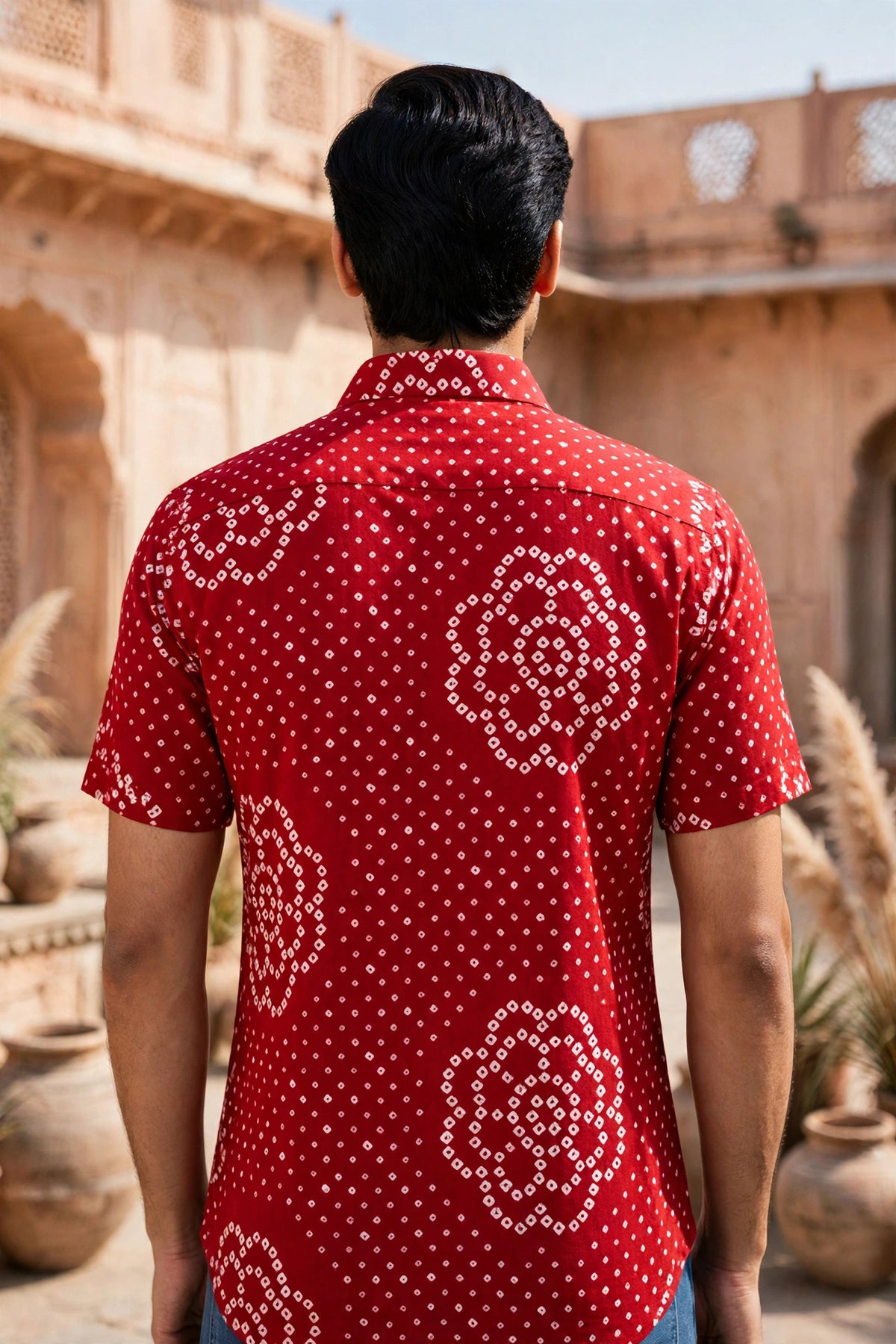Miravan Men Red Bandhani Cotton  Half  Sleeve Shirt