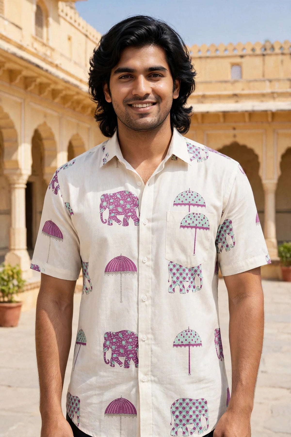 Miravan Men Off-White Elephant Umbrella Print Cotton Shirt - Half Sleeves