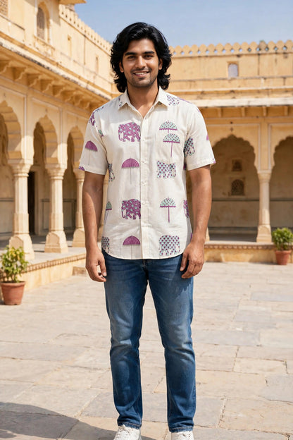 Miravan Men Off-White Elephant Umbrella Print Cotton Shirt - Half Sleeves