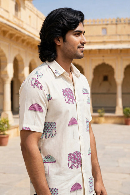 Miravan Men Off-White Elephant Umbrella Print Cotton Shirt - Half Sleeves