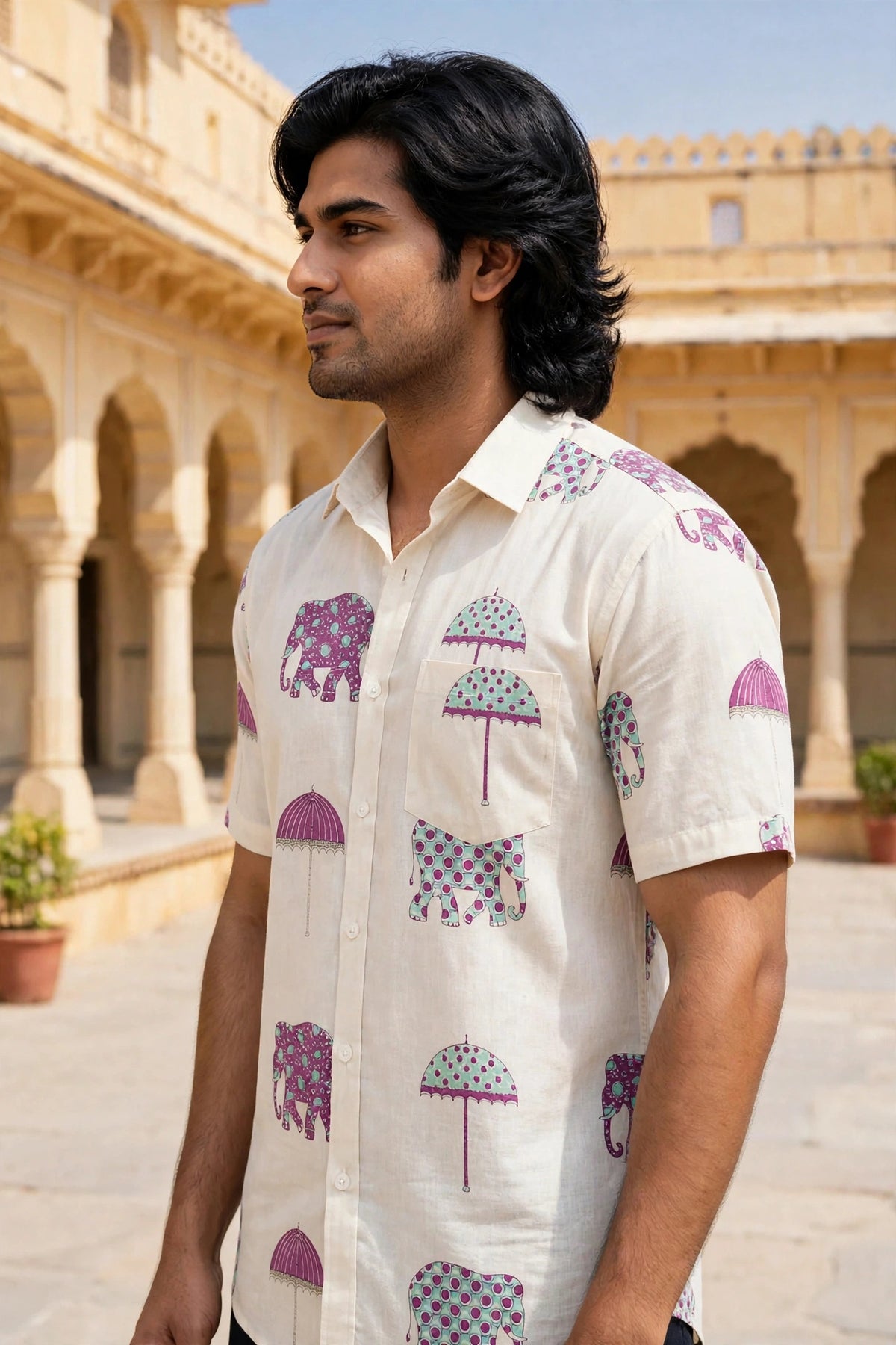 Miravan Men Off-White Elephant Umbrella Print Cotton Shirt - Half Sleeves