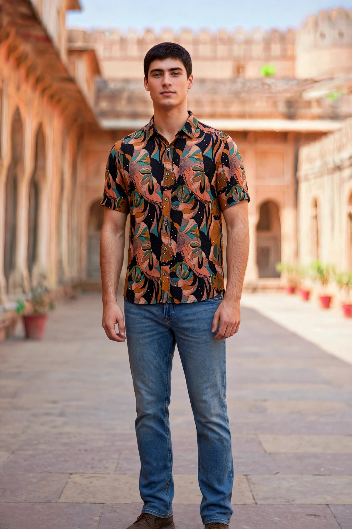 Miravan Men Orange Floral Printed  Half Sleeves  Cotton Shirt